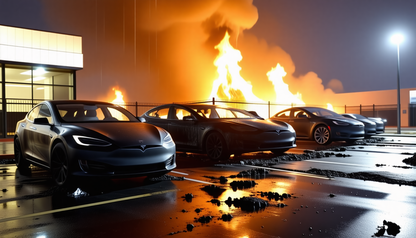découvrez les détails de l'incendie suspecté d'origine criminelle dans une concession tesla, les enquêtes en cours et les réactions des autorités.
