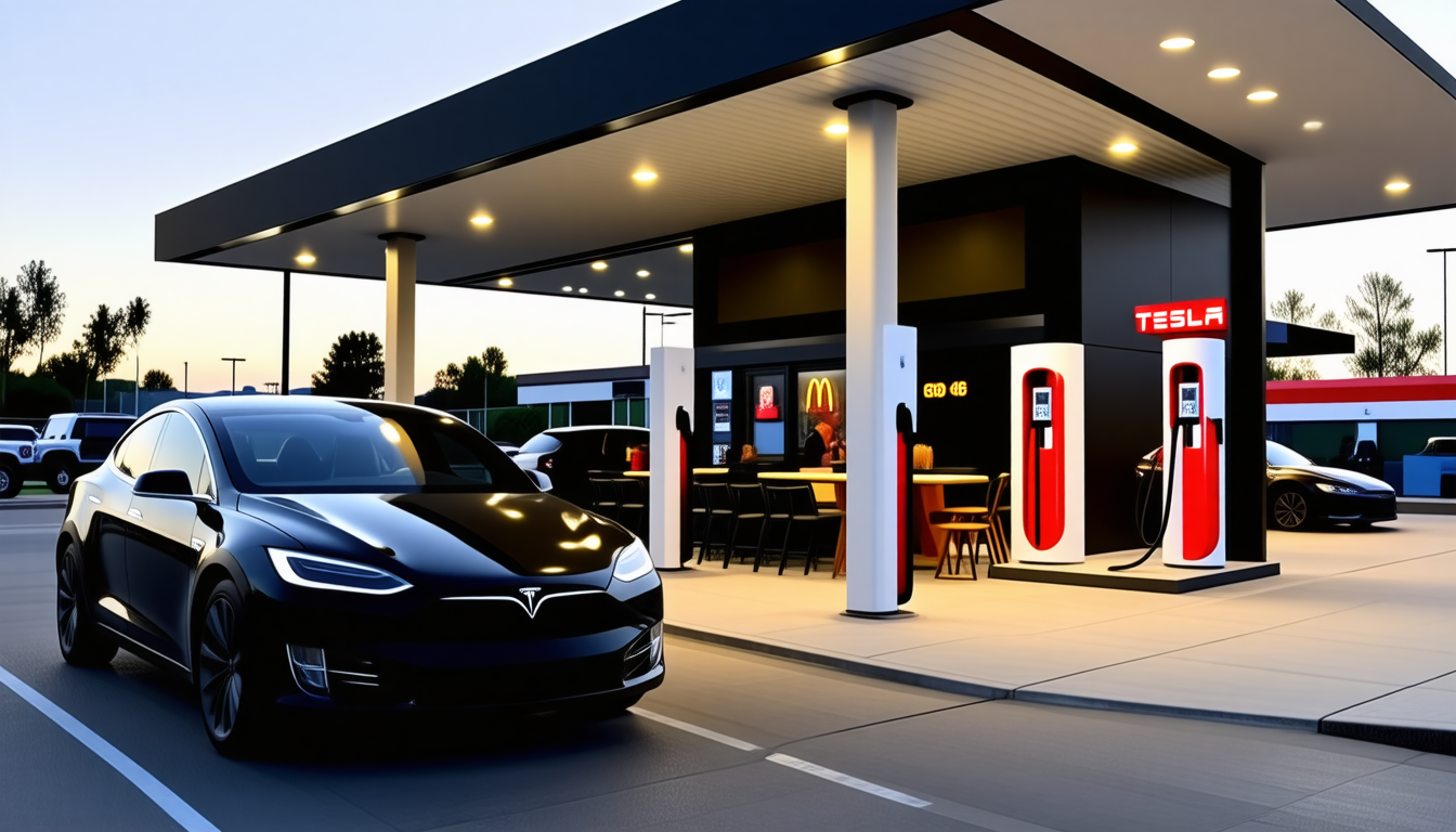 découvrez la nouvelle station de recharge tesla qui révolutionne l'expérience des conducteurs électriques en alliant performance et commodité, rivalisant avec l'emblématique mcdonald's. rechargez votre véhicule tout en profitant d'un espace moderne et accueillant, offrant des services de qualité pour une pause agréable sur la route.
